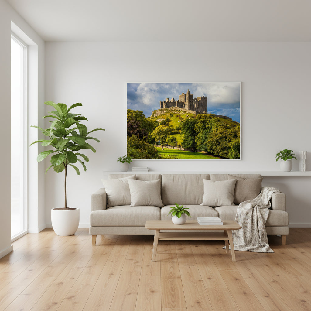 Modern minimalist living room with white walls, oak floors and a 60×90 cm Rock of Cashel framed print as the focal point, styled with neutral textiles and indoor plants.