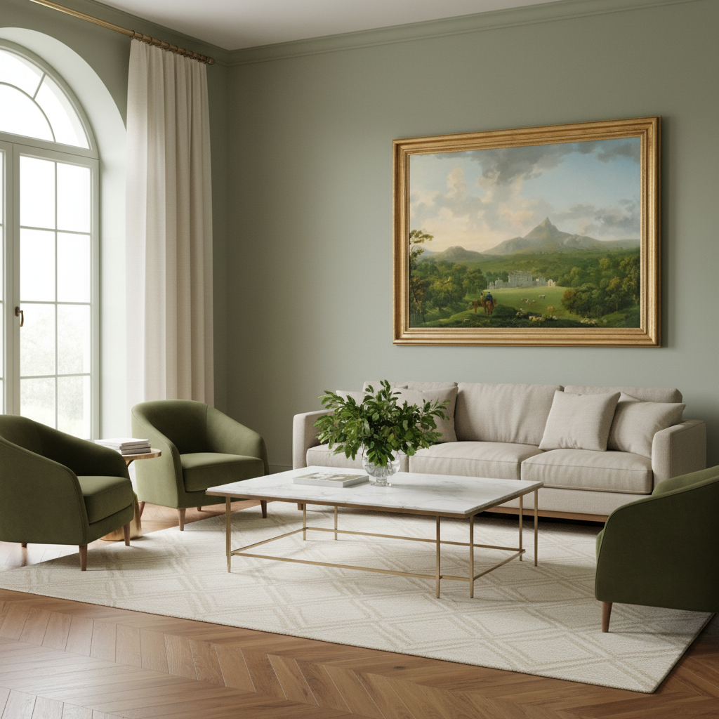 Powerscourt, County Wicklow, Ireland (between 1760 & 1762) Living room with beige sofa, green armchairs, and a landscape painting on the wall.