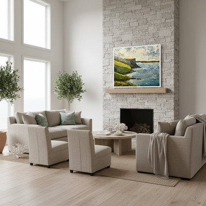 Impression encadrée de la baie de Murlough et de Fair Head, sur la côte d'Antrim, réalisée par un artiste irlandais