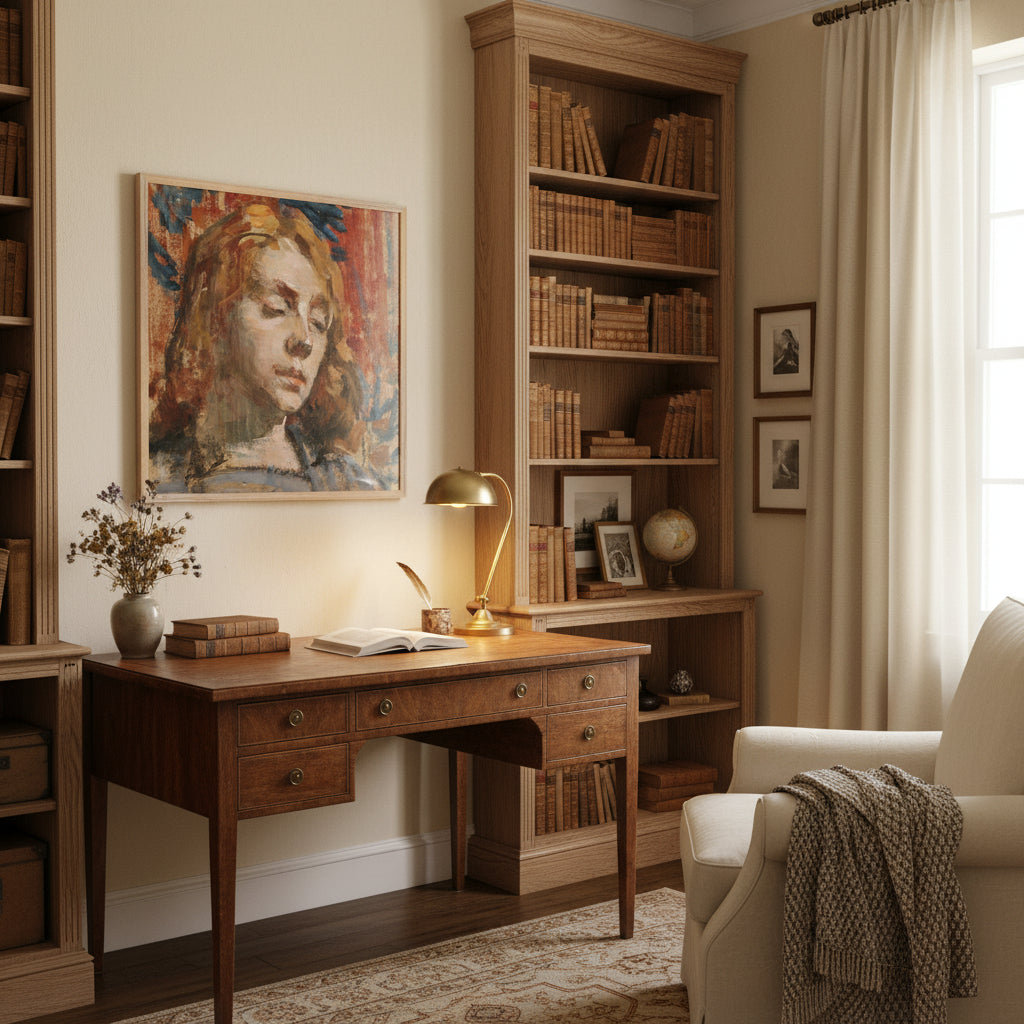 Natural oak frame mock-up of ‘Portrait of Kathleen Behan’, cosy heritage study with warm tones, Irish crafts textures, soft window light, vintage books, timeless collector atmosphere.