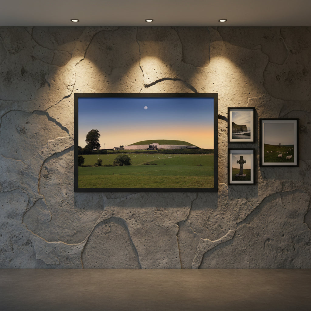 Newgrange framed print: Black frame variant hung in a modern collector’s loft with stone wall texture, spot lighting, and Irish landscape photography nearby — refined, luxurious interior.