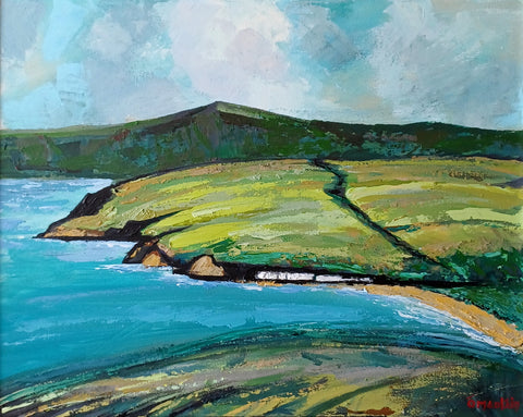 'Cushendun' is a signed, original, painting on canvas by Irish artist Ó Maoláin. The painting depicts Cushendun with Glenariff in the distance, County Antrim, North Coast, Northern Ireland.
