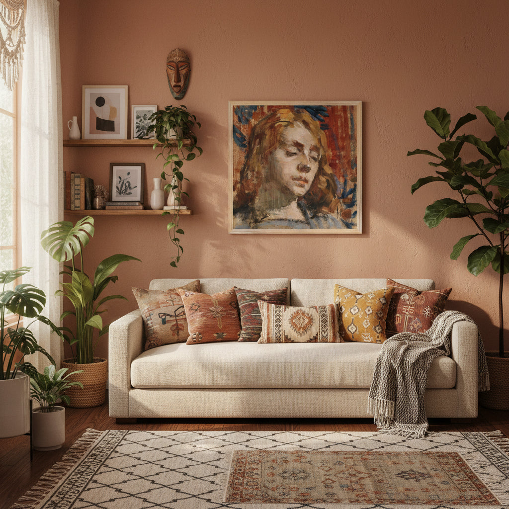 Portrait of Kathleen Behan by Sarah Henrietta Purser Boho art collector’s room with patterned rugs, plants, natural oak frame on textured wall, relaxed artistic atmosphere, warm and inviting.”