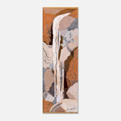 A canvas print featuring the artwork 'Powerscourt Waterfall' by Mainie Jellett, depicting a vibrant and abstract representation of the waterfall with geometric patterns and bold colors.