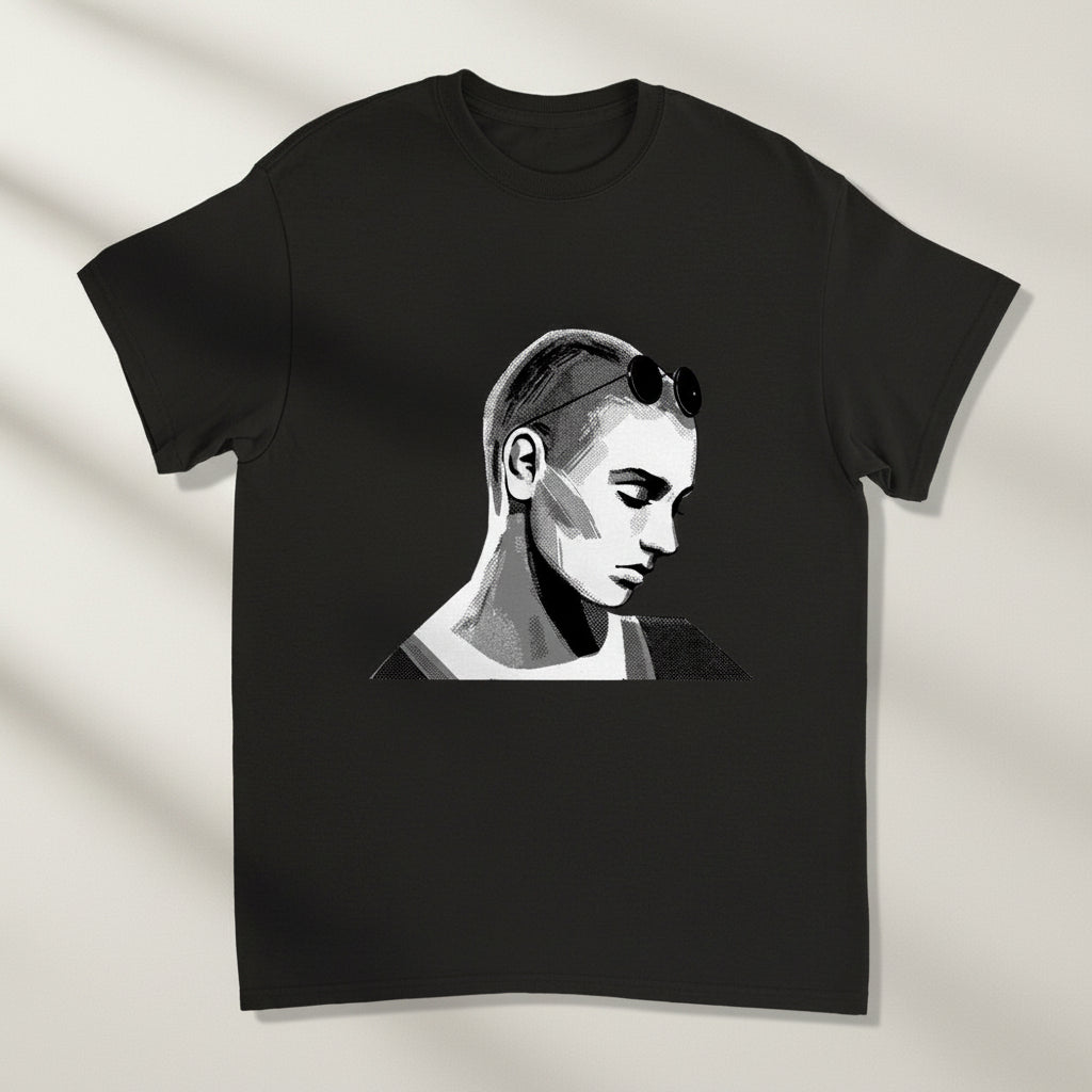 Premium unisex T-shirt in black featuring a stylised portrait of Sinead O’Connor. Neutral studio backdrop, soft side lighting, high-contrast detail on print.