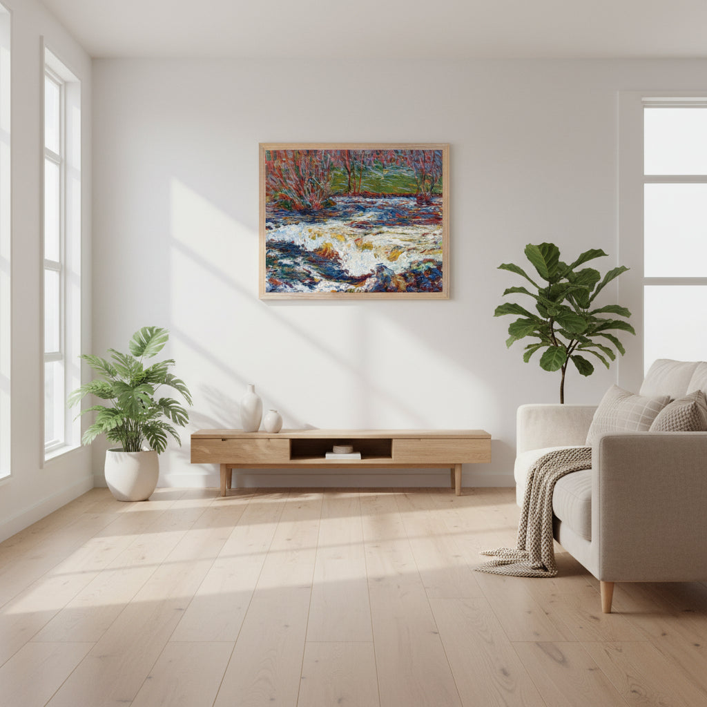 Roderic O’Conor The Rushing Stream framed in natural oak, displayed in a bright Scandinavian interior with white walls, oak furniture, soft neutral textiles, plants, clean minimal styling, daylight, hyper-realistic fine-art product photography.