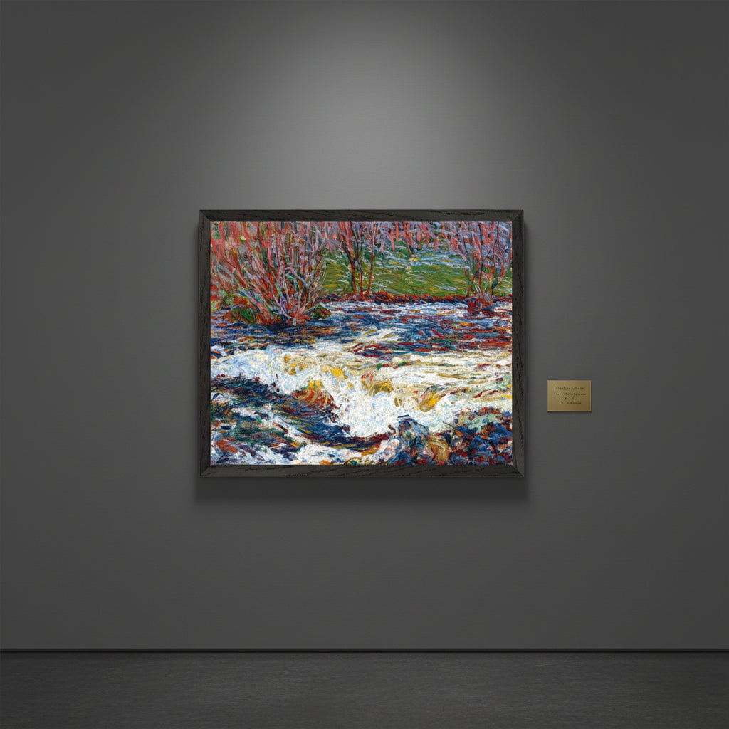 Roderic O’Conor The Rushing Stream in a black frame on a charcoal-grey museum wall, subtle spotlighting, brass gallery plaque, quiet exhibition hall atmosphere, extremely realistic professional museum photography.