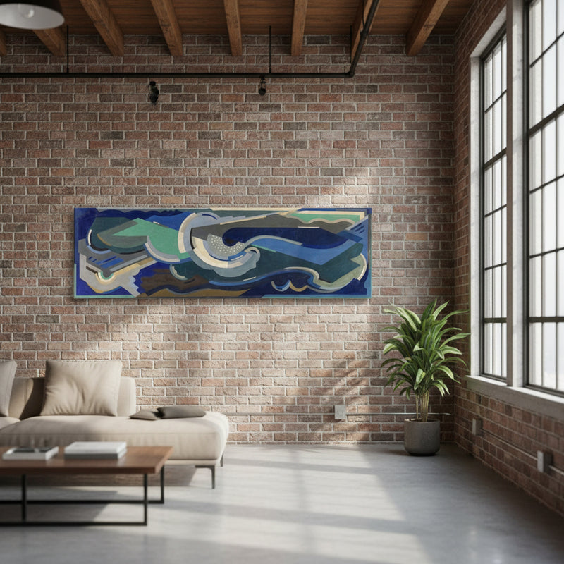 This image presents a striking canvas print titled "Sea Rhythm" by the renowned Irish artist Mainie Jellett, reflecting an abstract and modernist artistic approach. The canvas features a dynamic blend of vibrant colors and intricate forms that evoke the rhythmic essence of the ocean.