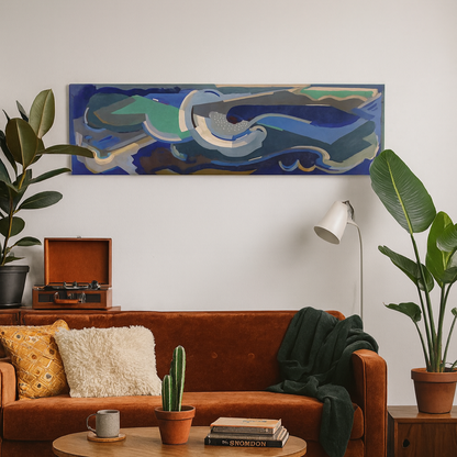 Living room with a brown sofa, coffee table, and abstract painting by iIrish artist Mainie Jellett, abstract and modernist canvas art print on the wall.