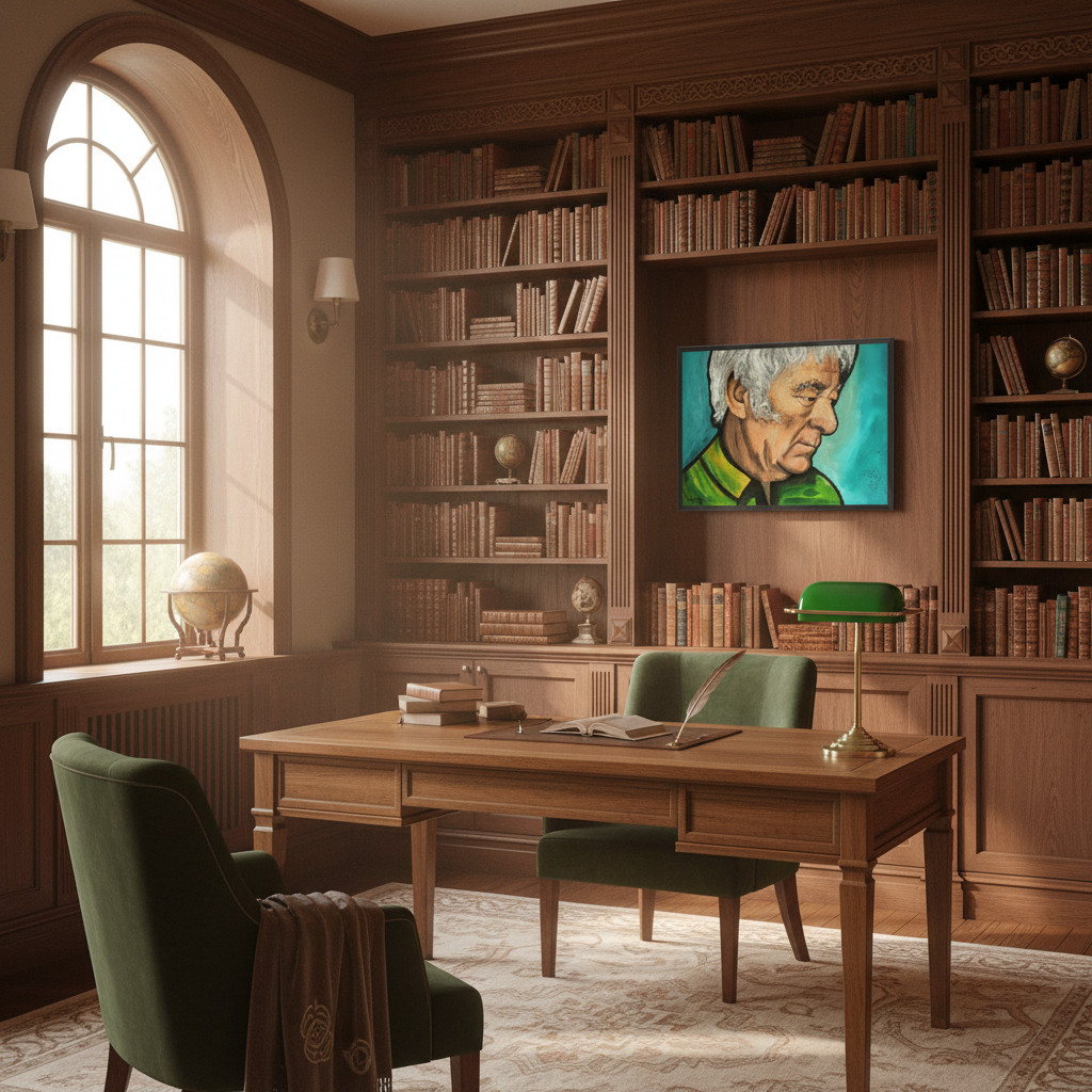 Seamus Heaney framed art print displayed in an elegant Irish wood-panelled library with green armchairs and bookshelves – premium literary wall art decor