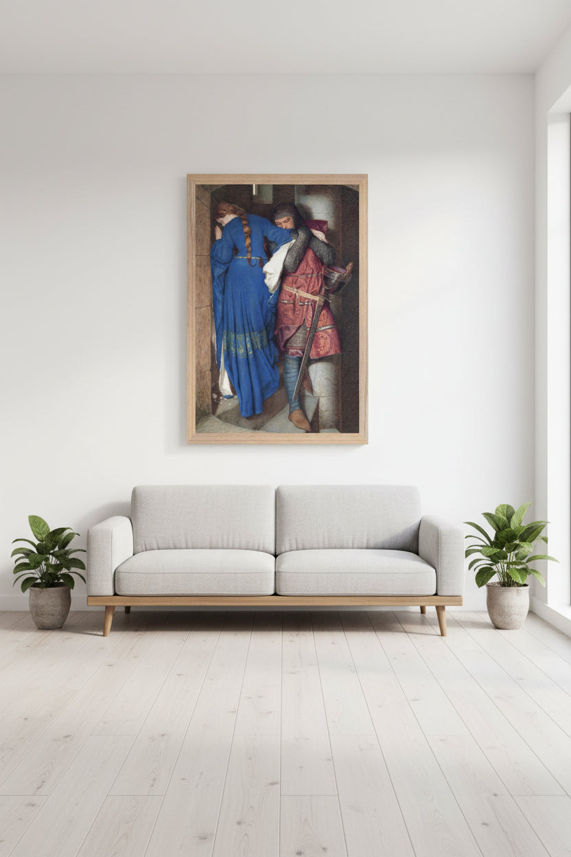 Large framed art print in a natural oak frame, hanging above a low mid-century sofa in a bright Scandinavian living room, neutral walls, soft daylight, wooden floor, plants and simple ceramics, artwork colours vivid and accurate, straight-on view