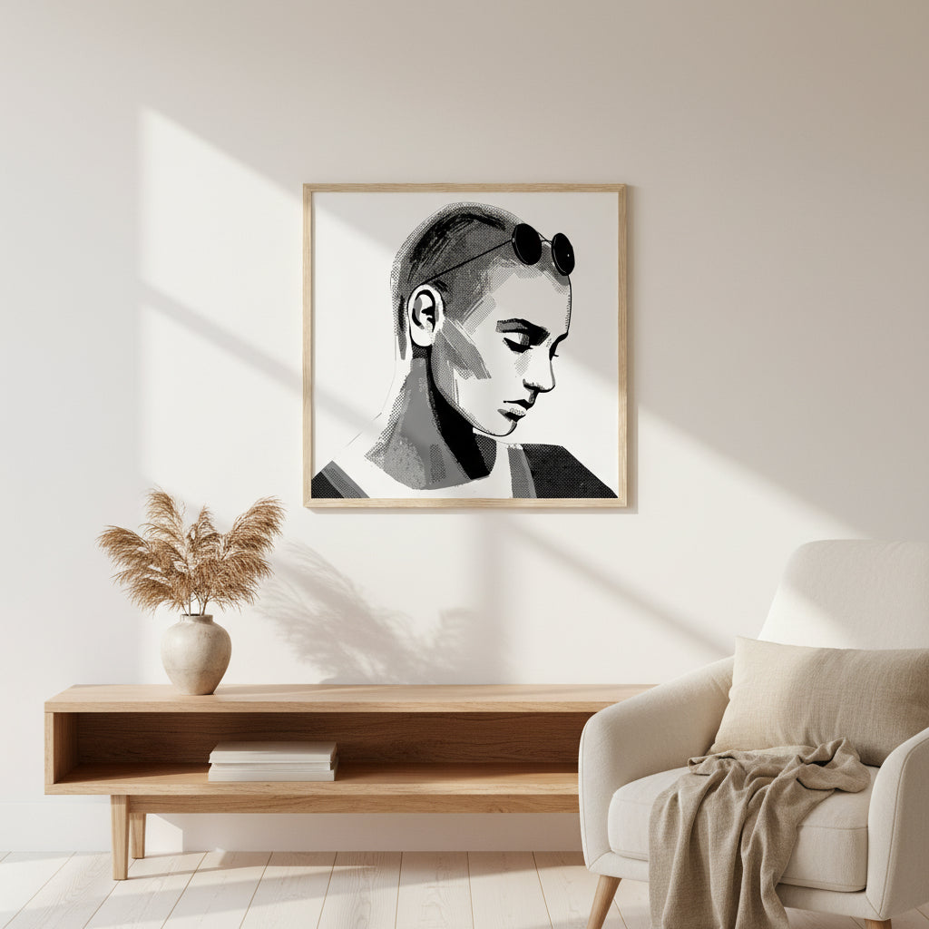 Sinéad O’Connor portrait in a natural oak wooden frame, displayed in a Scandinavian interior with warm neutral tones, soft sunlight, organic textures, premium gallery-style