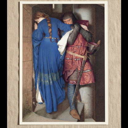 The Meeting on the Turret Stairs unframed archival art print resting on linen fabric in soft natural daylight
