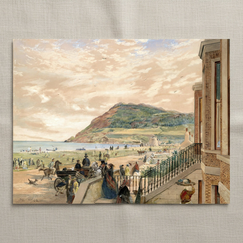 The Seafront at Bray by Erskine Nicol, Irish coastal landscape art print depicting Bray, County Wicklow unframed archival print resting on light linen fabric. Buy Irish Art