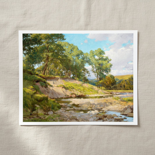 The Deer Park, Powerscourt by Dermod O’Brien – 16×20 unframed art print, detailed Irish landscape painting resting on light linen fabric. Soft natural daylight, gentle shadows, artisanal fine-art photography style.
