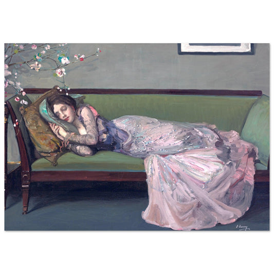 A reproduction art print of 'The Green Sofa' by Sir John Lavery, featuring a woman reclining on a green sofa with a floral motif in the background.