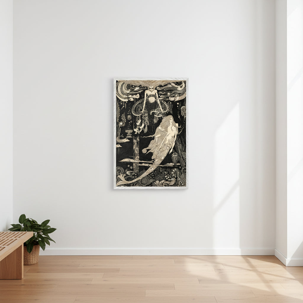 “The Little Sea Maid by Harry Clarke, vertical 60×90 cm art print in a white gallery frame, ornate black-and-white Art Nouveau illustration.”