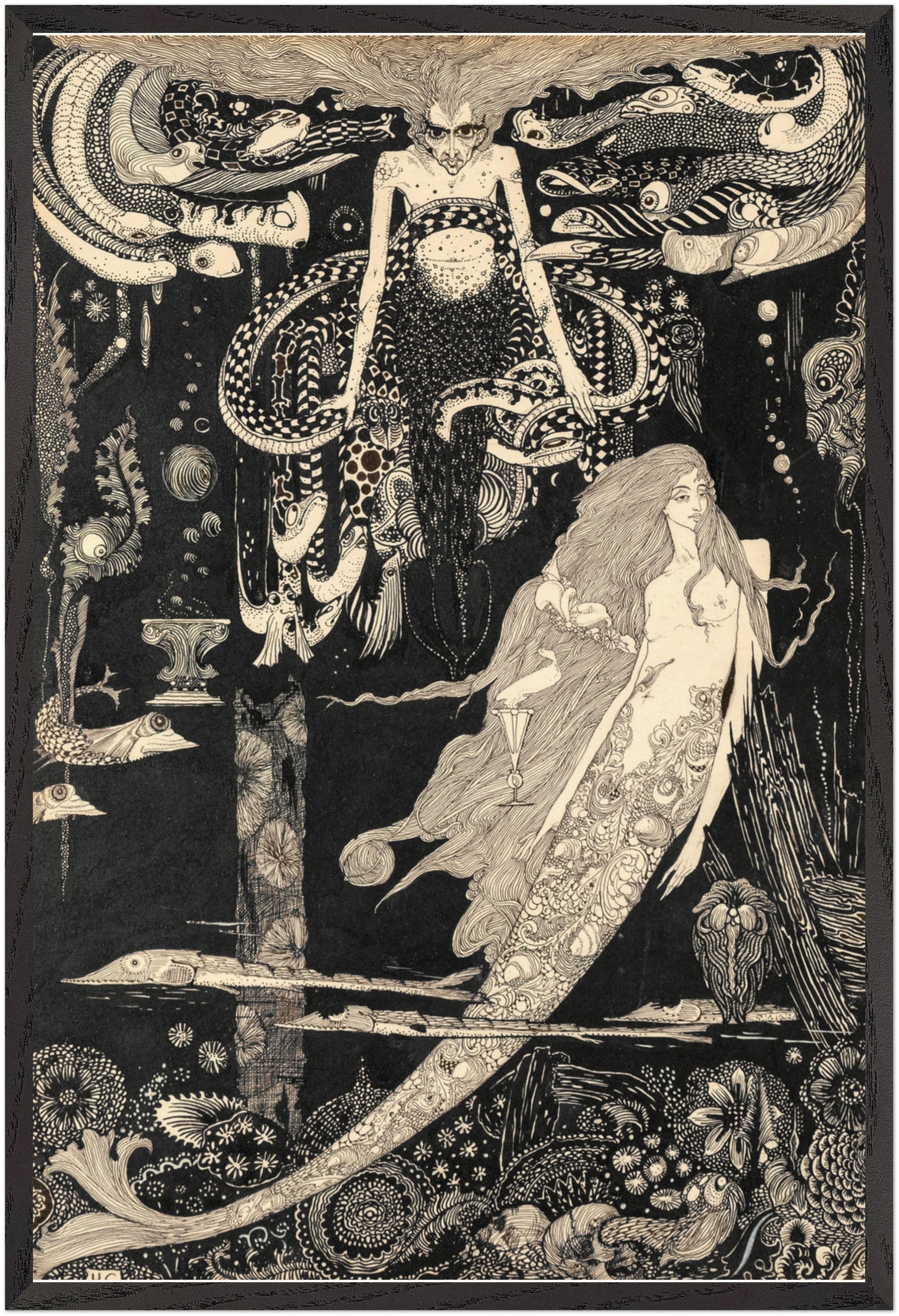 The Little Sea Maid by Harry Clarke, vertical 60×90 cm art print in a black gallery frame, detailed Art Nouveau black-and-white artwork.
