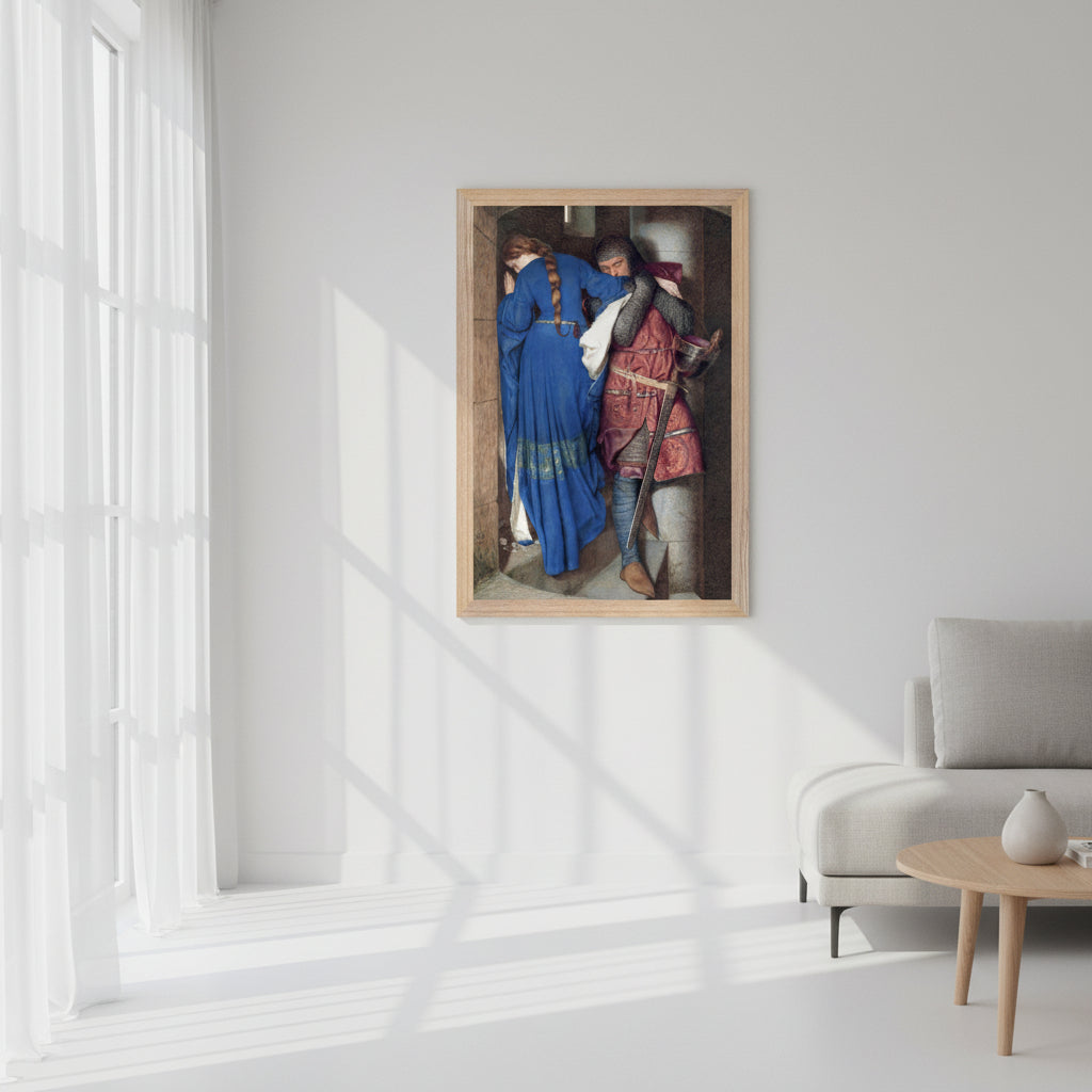 The Meeting on the Turret Stairs – Collector’s Edition Irish Art Print by Frederic William Burton natural wood frame on a clean white wall in a minimalist living room. Soft natural daylight, modern styling, vibrant colours popping.