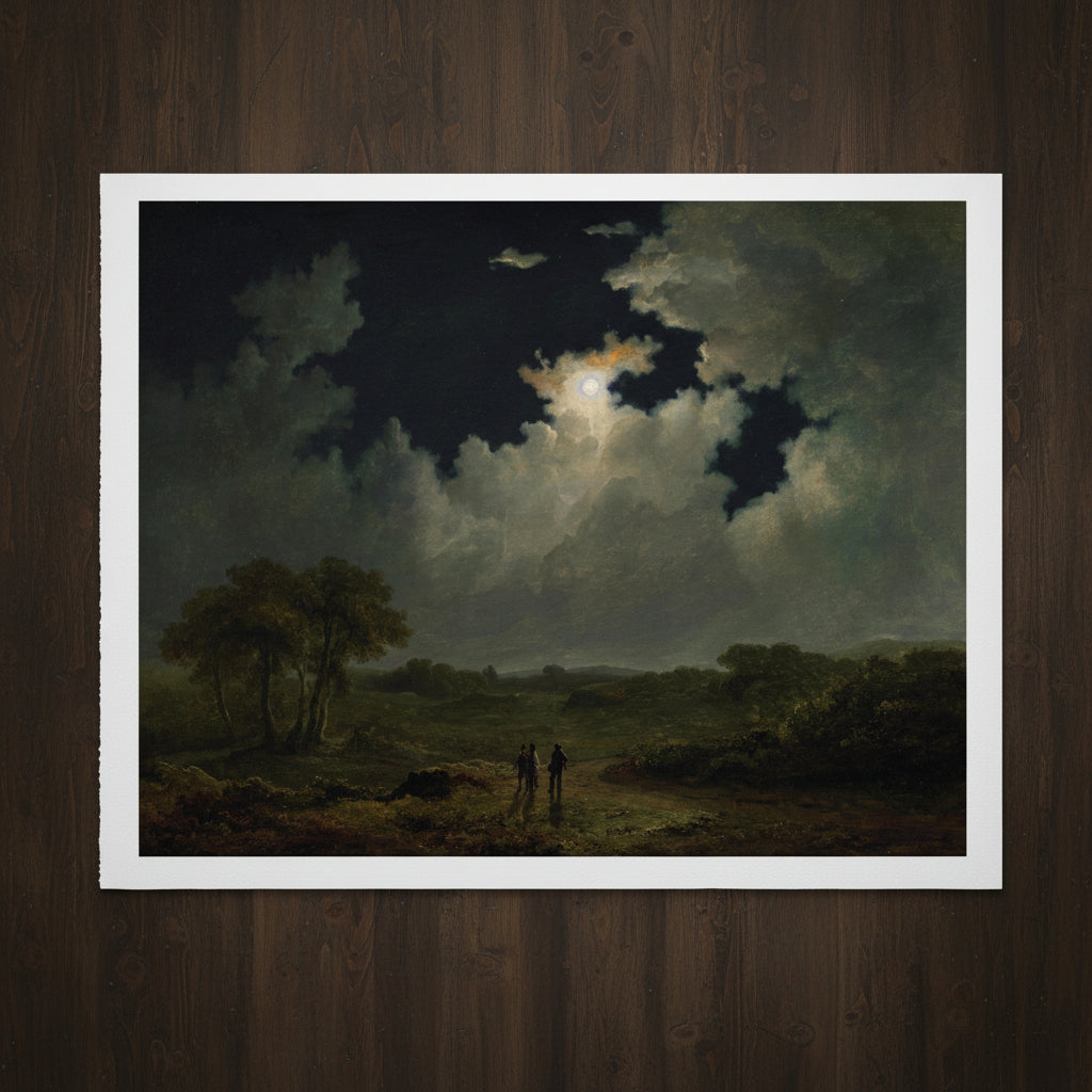 The Poachers (c.1830s) by James Arthur O’Connor – Irish Art Print unframed gallery edition print laid flat on dark wooden table, overhead soft diffused lighting, crisp shadows, rich matte paper texture visible, art studio look, 4K detail
