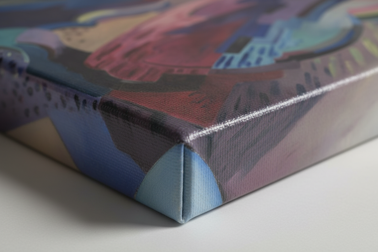 photorealistic close-up of a slimline 2 cm gallery canvas edge showing the artwork wrapping cleanly around the side. Visible canvas texture, tight stretching, and FSC-certified wood frame edge. Soft natural daylight.