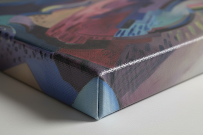 photorealistic close-up of a slimline 2 cm gallery canvas edge showing the artwork wrapping cleanly around the side. Visible canvas texture, tight stretching, and FSC-certified wood frame edge. Soft natural daylight.