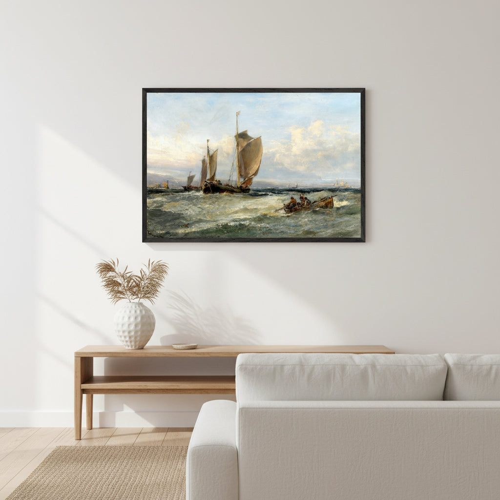 Trawlers Leaving Port by Edwin Hayes – framed art print in black wood frame, 60×90 cm. Vertical framed art print of ‘Trawlers Leaving Port’ by Edwin Hayes, black hardwood frame, premium matte paper, hanging in a bright coastal-style living room, soft natural daylight, minimal décor, high-end gallery photography.