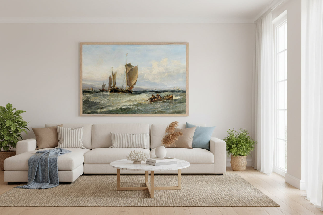 Trawlers Leaving Port by Edwin Hayes – framed art print in natural wood frame, 60×90 cm. Large 60×90 cm framed print of ‘Trawlers Leaving Port’ above a modern sofa, airy coastal décor, high-end interior design scene, natural daylight.