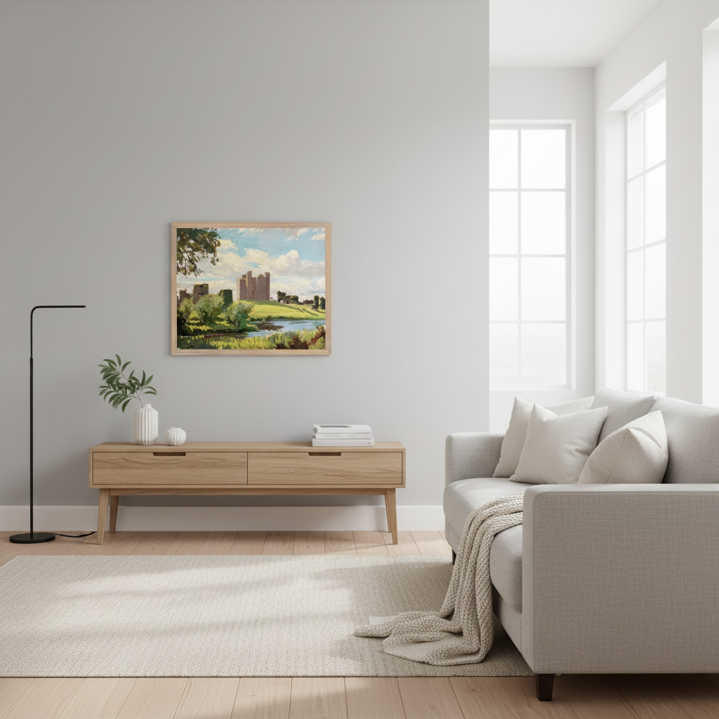 Trim Castle art print by Dermod O’Brien displayed in a minimalist modern living room with clean lines, oak furniture, soft grey walls, Scandinavian textures, bright natural lighting, 40×50 cm wooden frame.