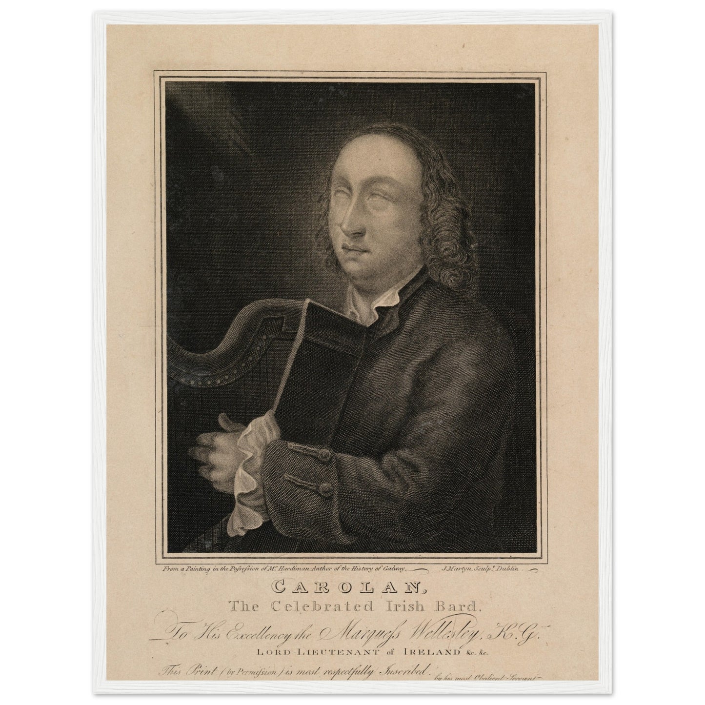 Framed print of “Carolan, the Celebrated Irish Bard,” vintage 1822 engraving of Turlough O’Carolan, displayed on a wall