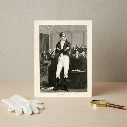 Unframed art print of Robert Emmet in Court, 1803, lying flat on a wooden conservation table under soft studio lighting. Visible texture of 200 gsm matte paper, edges gently lifted, neutral linen backdrop, archival gloves and magnifying glass nearby — refined heritage product shot.