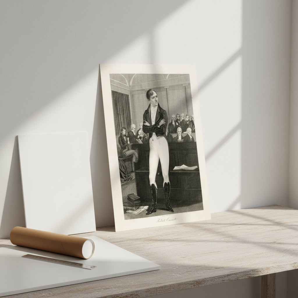 Unframed fine art print of Robert Emmet leaning against a wall in an artist’s studio or collector’s workspace. Rolled print tube, ruler, and mat board nearby, natural light filtering through a window — creative authenticity, premium matte texture emphasized.