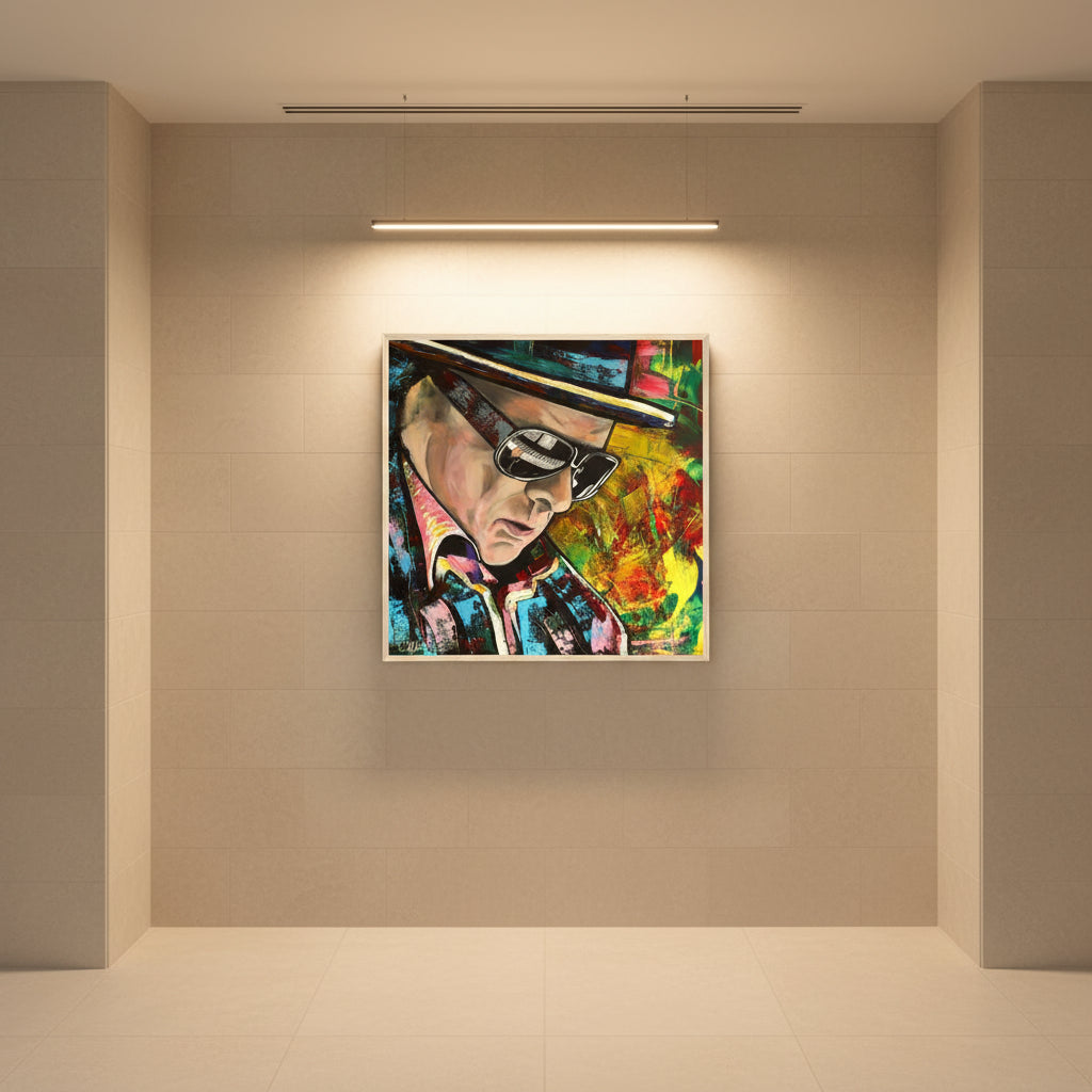 Van Morrison portrait art print by Irish Artist Dublin Boutique hotel corridor: pale stone wall, picture-rail lighting; square portrait in natural wood frame, hung at eye level with clean gallery presentation.