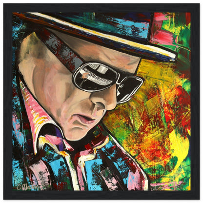 Van Morrison portrait by Ó Maoláin in a black frame, square format, colourful expressive background.
