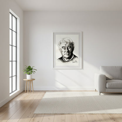 Irish Poet, Seamus Heaney, Black and White Portrait Framed Art Print Poster Direct From the Artist  Buy Irish Art. White-frame gallery featuring a pen-and-ink portrait of Seamus Heaney, displayed in a minimalist Scandinavian living room, soft natural daylight.