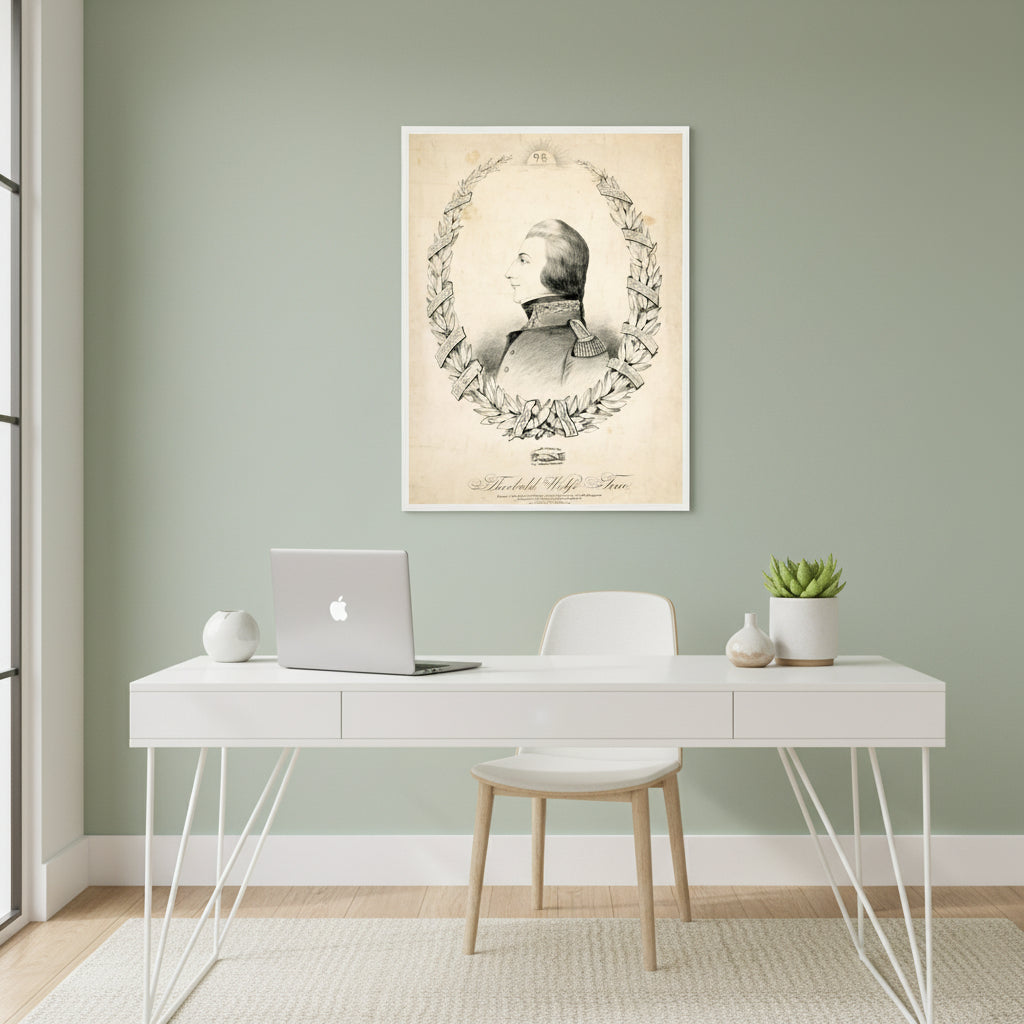 White-framed Wolfe Tone print on a light sage or cream wall in a modern home office with simple decor, clean desk, and laptop. Fresh, modern, and elegant — blending history with contemporary Irish design.