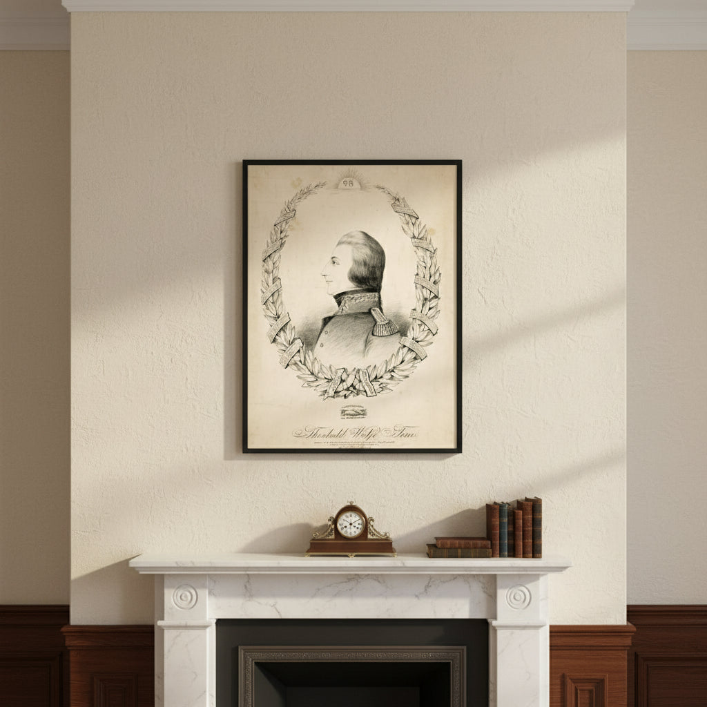 Wolfe Tone framed print in black, above a marble fireplace with dark wood trim. Gentle morning light filters in, casting elegant shadows on textured plaster walls. Tasteful, heritage-rich, and dignified.