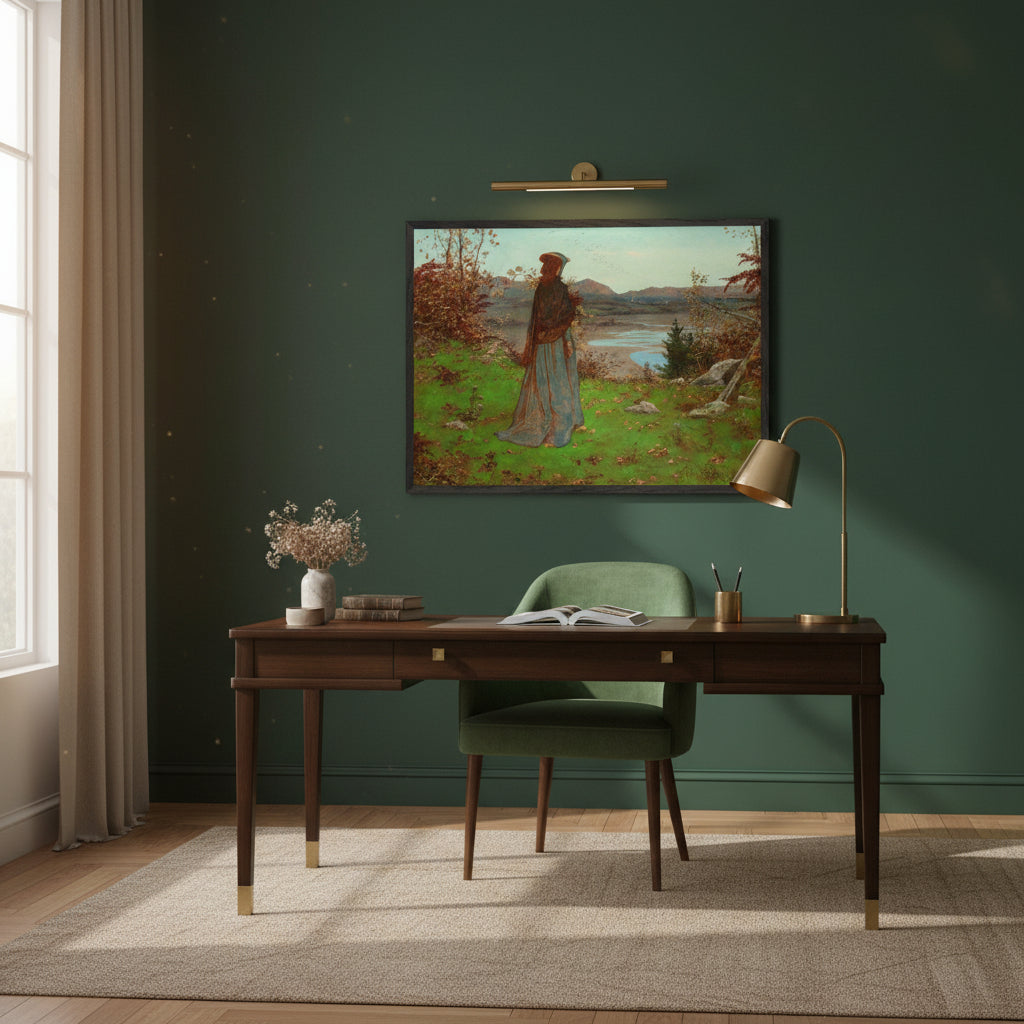 Woman in an Autumn Landscape – William J. Hennessy Irish Art Print Black wooden frame styled in a chic home office, deep green feature wall, brass accents, warm evening light, sophisticated and modern feminine interior