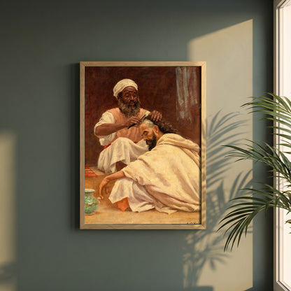 A Barber, Morocco framed print in a natural oak frame on a dark green wall beside a window, dappled plant shadow