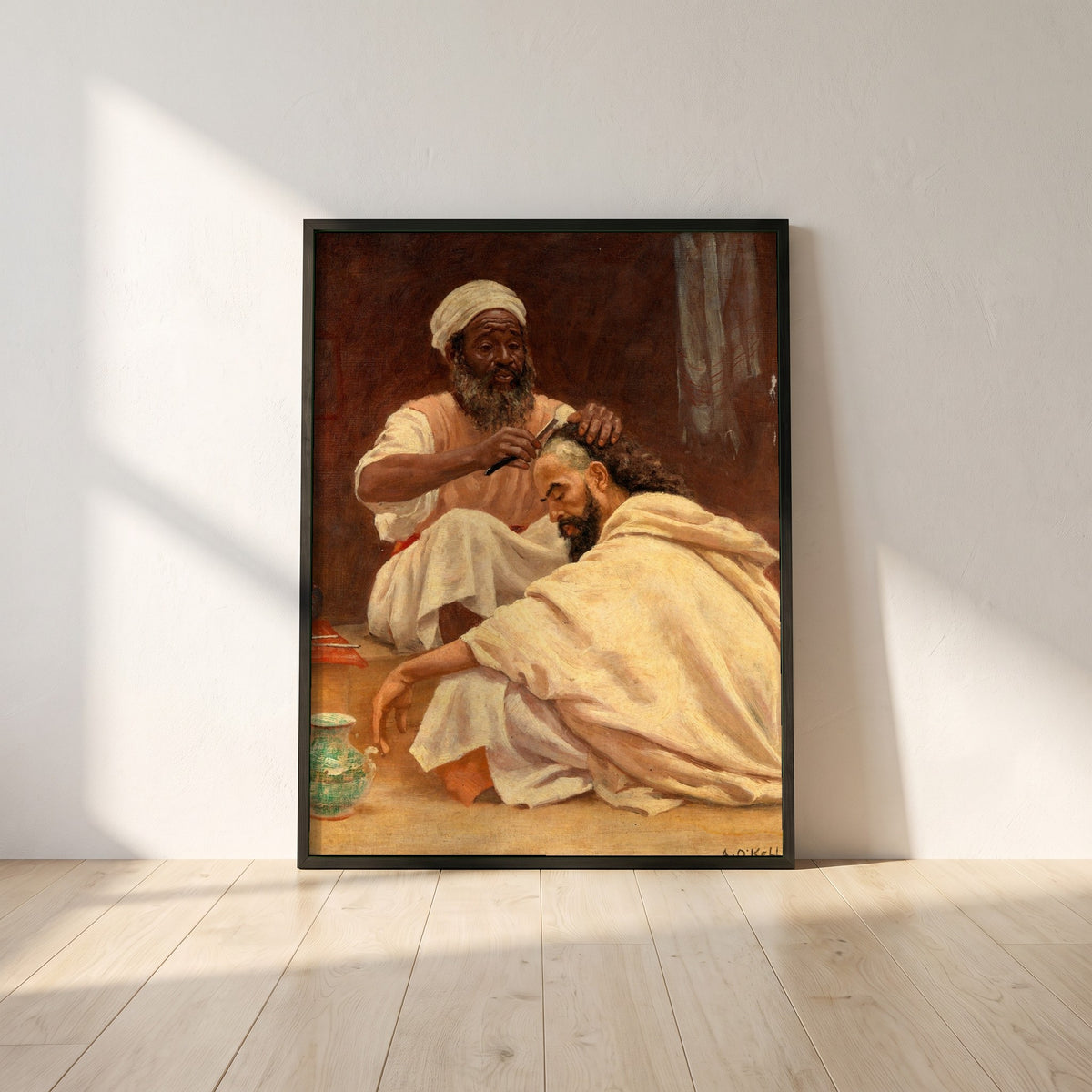 A Barber, Morocco framed print in a black frame leaning against a white plaster wall on oak floorboards in morning light