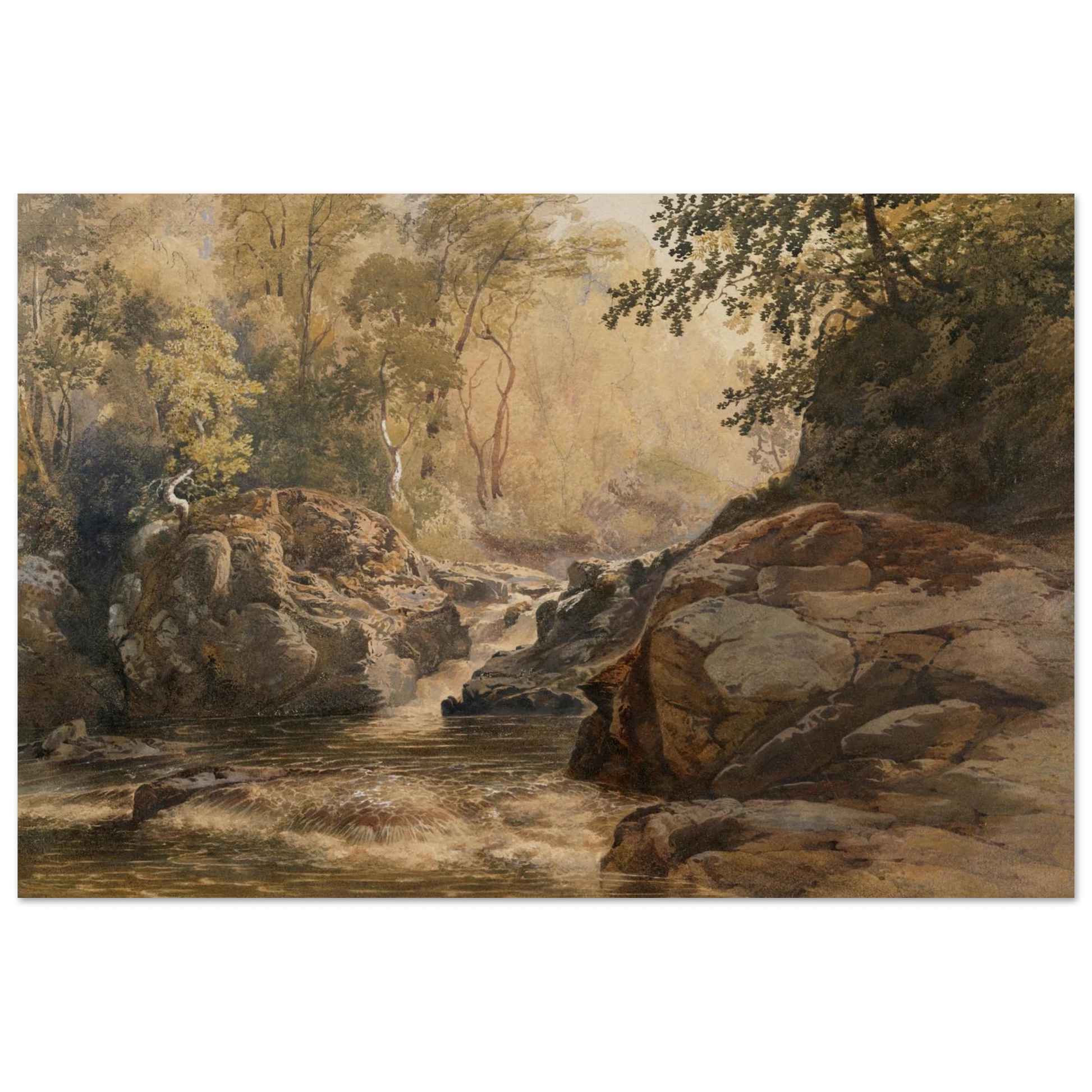 unframed reproduction print of A Glen by Henry Newton, National Gallery of Ireland  gallery edition print, Irish landscape with rocks and woodland stream