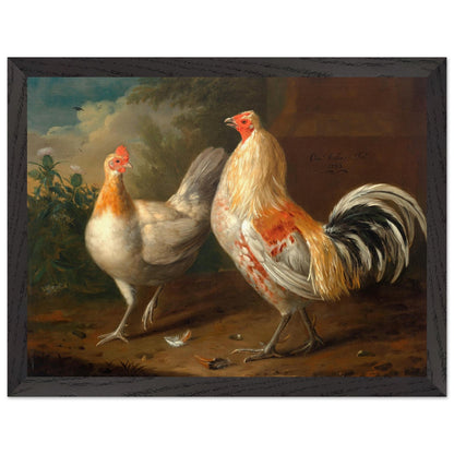 A Sporting Cockerel and Hen by Charles Collins in a black frame