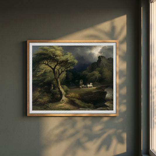 A Thunderstorm: The Frightened Wagoner by James Arthur O'Connor framed print in a natural oak frame on a dark green wall beside a window, dappled plant shadow