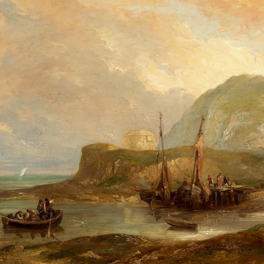 A View of Bray Head by Brocas, unframed archival art print. Painting of a coastal scene with boats and a fort on a hill.