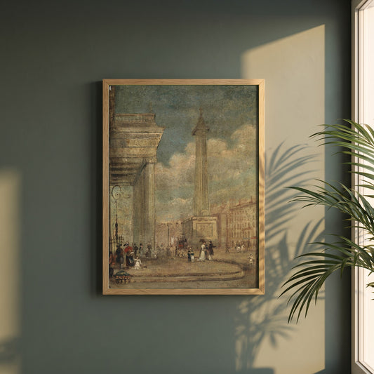 A View of O’Connell Street framed print in a natural oak frame on a dark green wall beside a window, dappled plant shadow