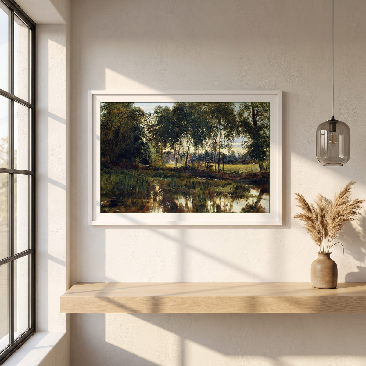 A View of Rye Water near Leixlip framed print in a white frame on a plaster wall above an oak worktop in a bright Scandinavian kitchen