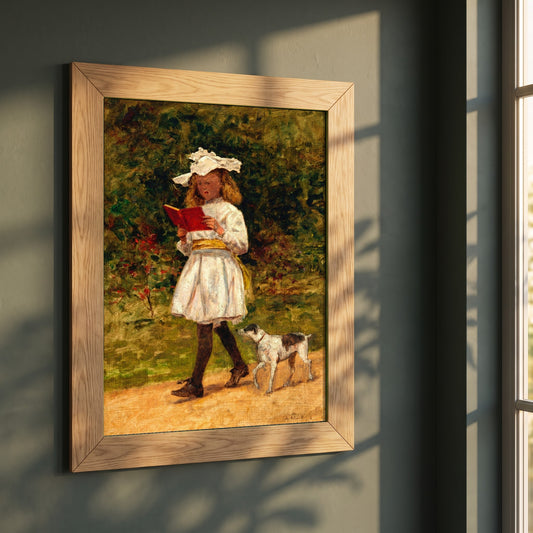 A Young Girl Reading framed print in a natural oak frame on a dark green wall beside a window, dappled plant shadow
