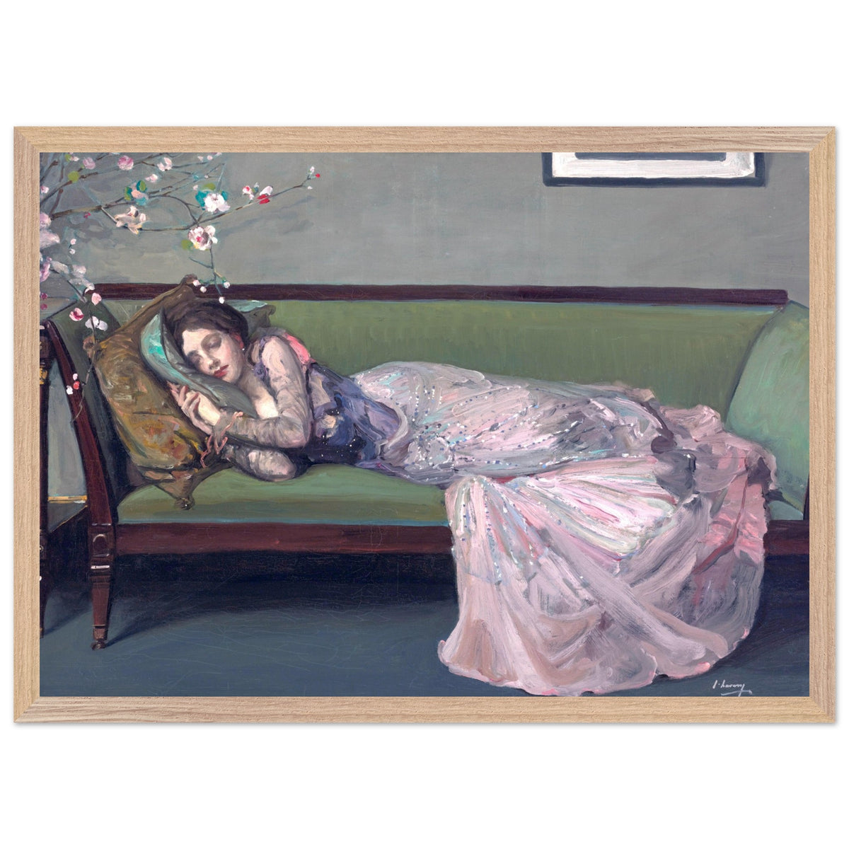 The Green Sofa by Sir John Lavery in a natural oak frame