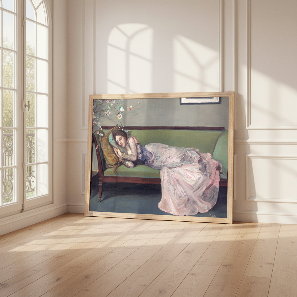 The Green Sofa by John Lavery framed print in an oak frame leaning against a wall in a bright room