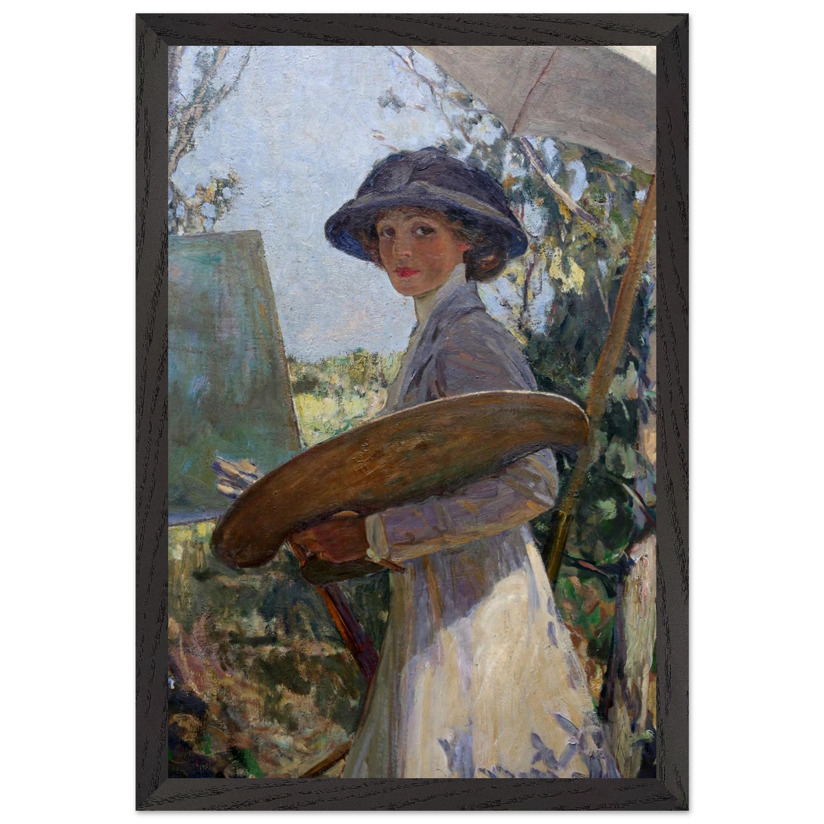 Mrs Lavery Sketching (1910) by Sir John Lavery, art print in a black frame, 30x45 cm